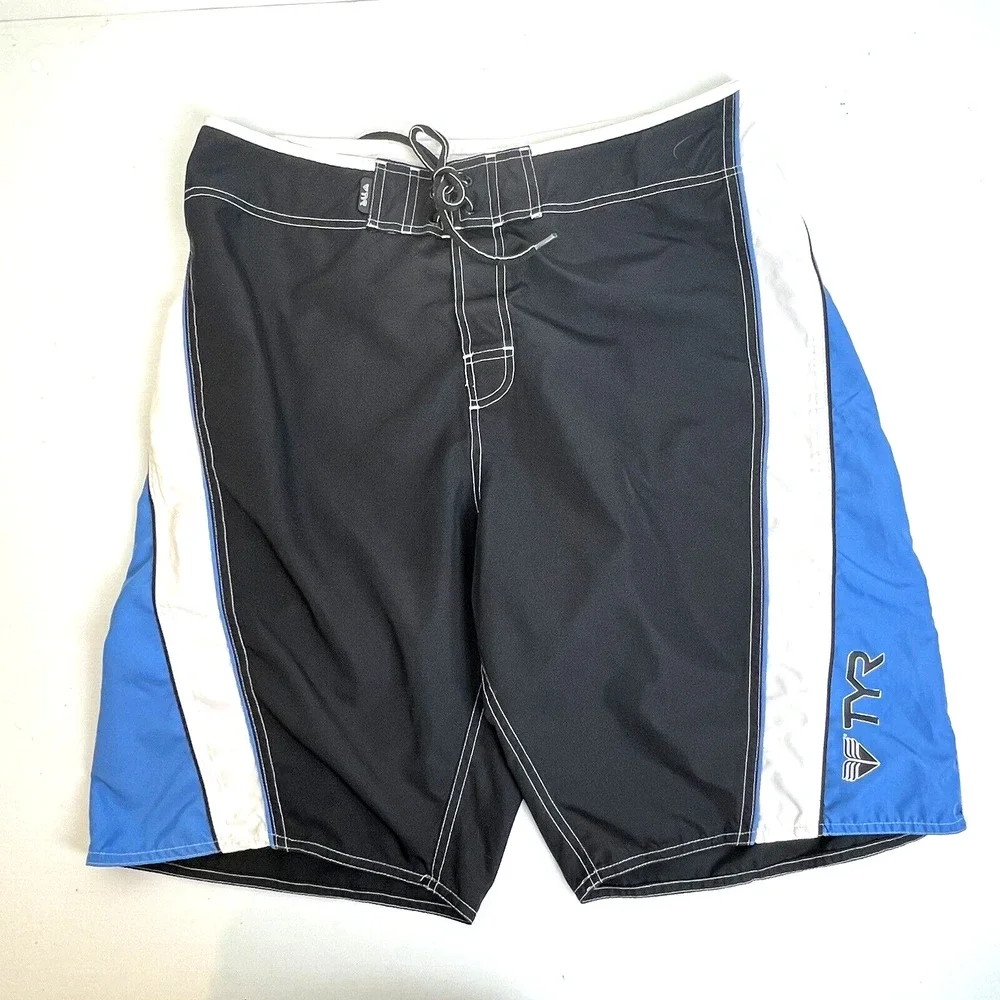 TYR Swim Trunks Men's 34 Navy/White/Blue Striped Drawstring Non-Lined Logo
